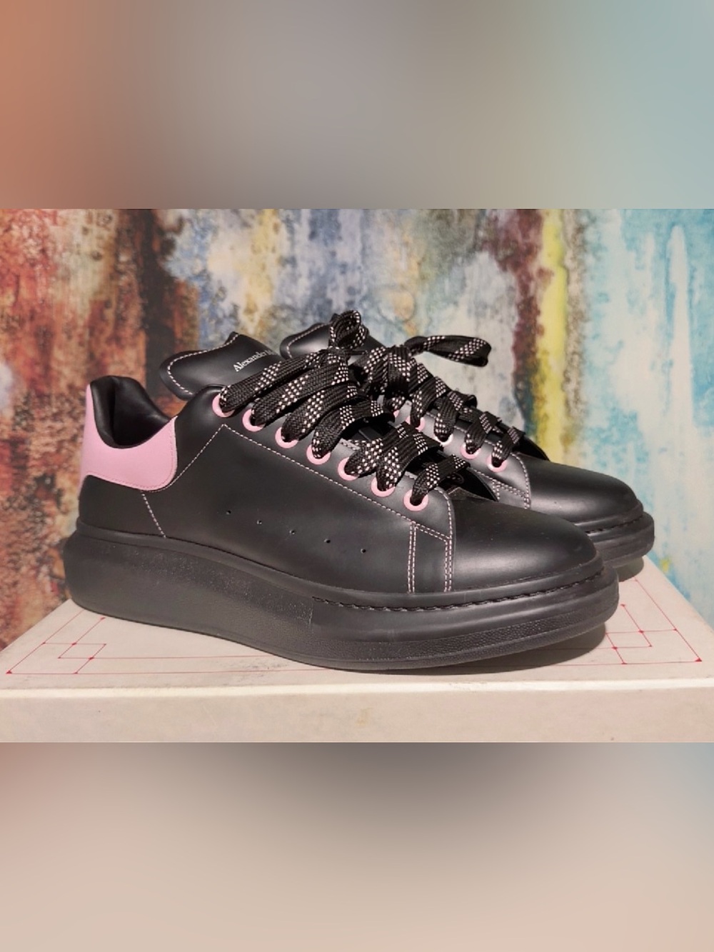 Alexander McQueen Black Leather Platform Sneakers with Pink Heel Accent